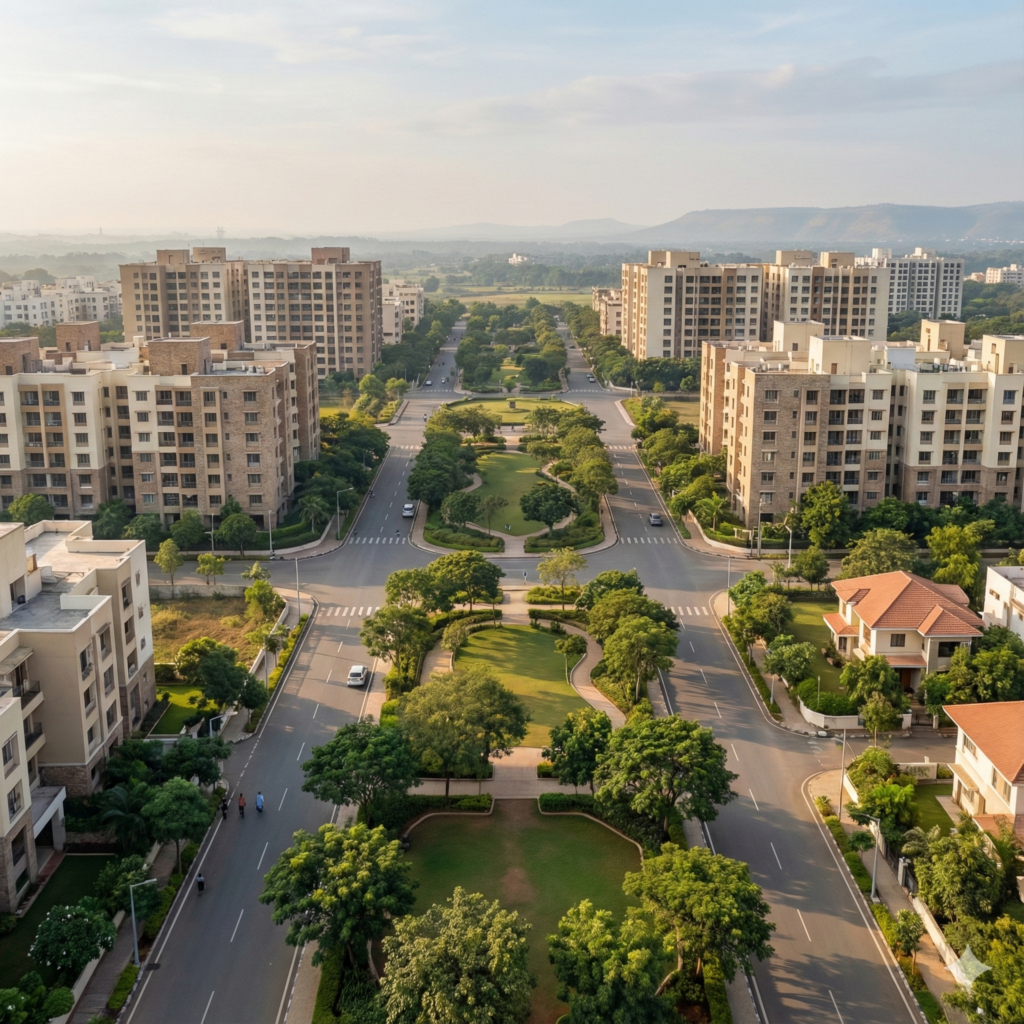 Aerial view of a peaceful residential neighbourhood in Kiwale Pune suitable for 2 and 3 BHK apartments.